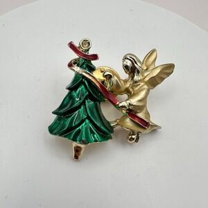 Vintage 90s Giusti Angel Christmas Tree Pin Brooch Gold Tone Enamel Jewelry